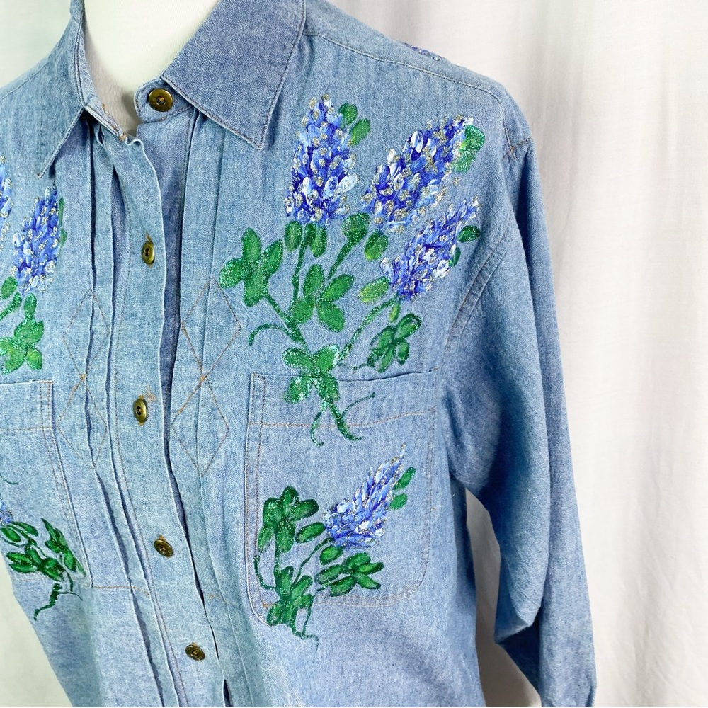 Vintage Bluebonnet Handpainted Denim Long Sleeve Button Up Shirt Med - Picture 2 of 7